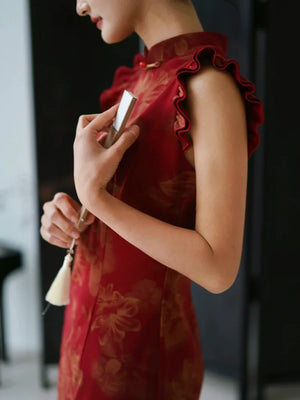 Lotus Step – Red Mermaid Qipao for Wedding, Engagement & Tea Ceremony - Yandan_Hanfu