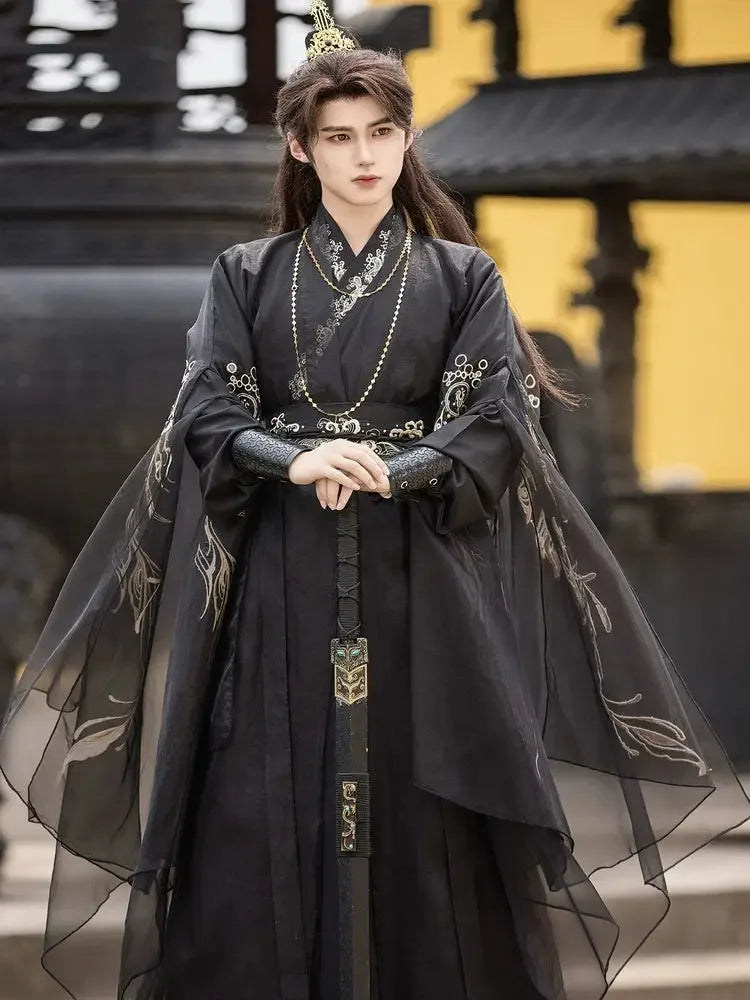 Yun Jue | Unisex Traditional Hanfu Set – Embroidered Cross-Collar Wei-Jin Style with Detachable Sleeves - Yandan_Hanfu