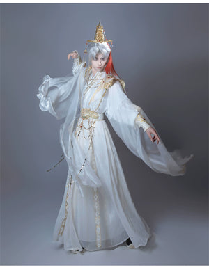 【Radiance of the Dragon】 White Hanfu Ensemble with Cross-Collar, Clouded Shoulders & Embroidered Seal men Unisex - Yandan_Hanfu