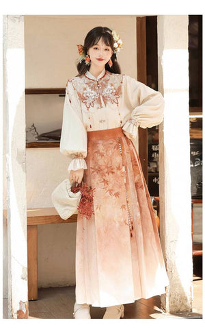 Maple Leaf Hanfu Women's Skirt Set with intricate embroidery and soft pleats, ideal for spring fashion and cultural elegance.
