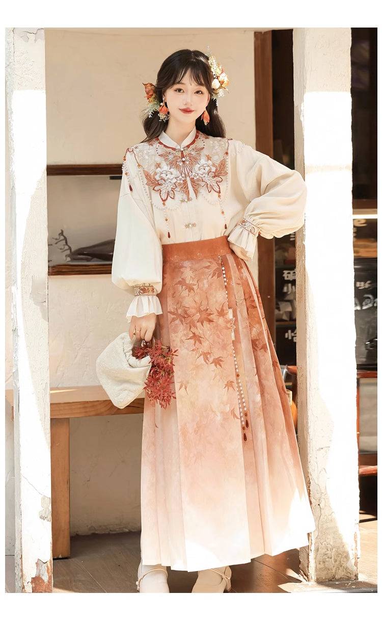 Maple Leaf Hanfu Women's Skirt Set with intricate embroidery and soft pleats, ideal for spring fashion and cultural elegance.
