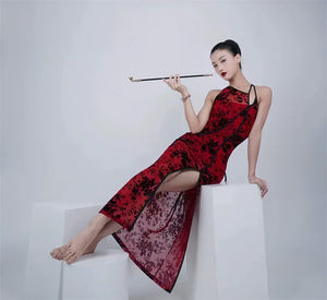 Burgundy Vintage Flocked Velvet Cheongsam – Modern Dance-Inspired Qipao Dress - Yandan_Hanfu