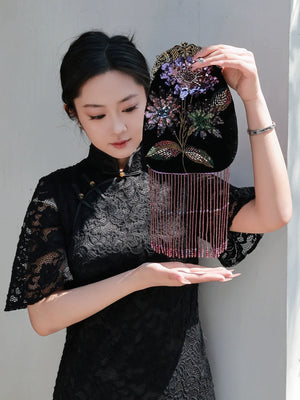 Embroidered Butterflies Black Bag | Canvas Crossbody with Beaded Chain - Yandan_Hanfu
