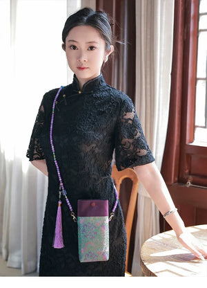 Floral Motif Bag | Color-Block Canvas Crossbody with Beaded Strap - Yandan_Hanfu