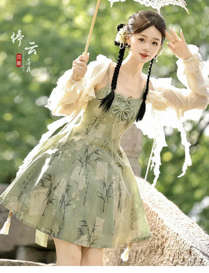 【Whisper of Bamboo】 Sweet Hanfu-Inspired Dress – Modern Chinese Style with Camisole Design - Yandan_Hanfu