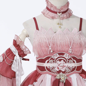 Side view of Red Hanfu Dress New Chinese Feather Rust Waist Seal Suspender Skirt on mannequin showing sleeve and waist detail.