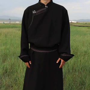 Premium Traditional Mongolian Robe for Men — Hand-Fastened, Solid Twill Design - Yandan_Hanfu