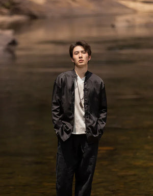 Bamboo leaf print disc buckle Tang suit men's retro Chinese style shirt - Yandan_Hanfu