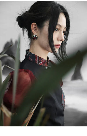 New Chinese style retro sweet and cool bubble sleeve jacquard contrasting color splicing skirt - Yandan_Hanfu