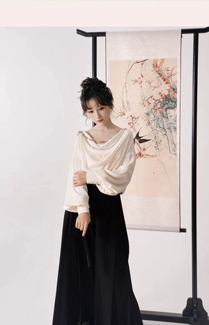 Whispers of Bloom – Floral Crane Set with Horse-Face Pants | Han-Inspired Spring-Autumn Wear - Yandan_Hanfu