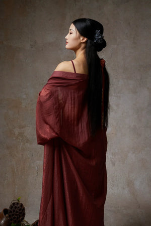 Elegant Wine Red Sheer Tencel Cardigan – Flowing Classical Dance Performance Outfit - Yandan_Hanfu