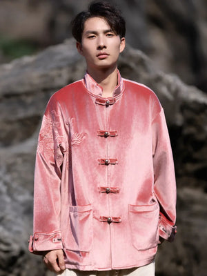 New Chinese Tang style men's button top autumn and winter coat golden velvet - Yandan_Hanfu