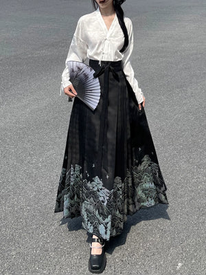 New Chinese Style | Black & White Shirt Women's Horse Face Skirt Suit - Yandan_Hanfu