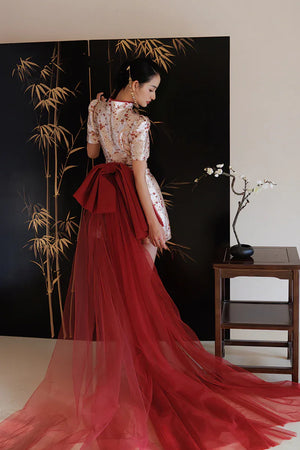 "Little Meixue" Short Bow Cheongsam Bridal Wedding Dress - Yandan_Hanfu