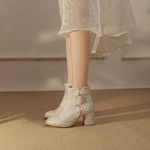 Pearl-Embellished Lift Boots – Modern Oriental Short Ankle Boots for Hanfu & Qipao - Yandan_Hanfu