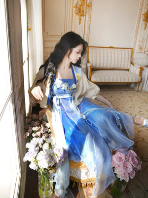 Star & Moon Platycodon – Elegant Qi-Xiong Modern Hanfu Dress with Spaghetti Straps & Embroidery - Yandan_Hanfu