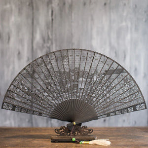 Suzhou sandalwood fan hollow sandalwood Chinese style folding fan - Yandan_Hanfu