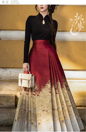 Lunar Spring River – Red Hanfu Maxi Skirt Set, New Chinese Style 6-Meter Hem Mamian Skirt with Knit Top & Wool Coat - Yandan_Hanfu