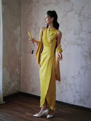 "Autumn Rhyme" Yellow Dark Pattern Cheongsam Shawl Bridal Wedding Dress Toast Dress - Yandan_Hanfu