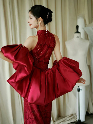 "Jubilee Bell" Red Cheongsam Shawl Bridal Toast Engagement Dress - Yandan_Hanfu