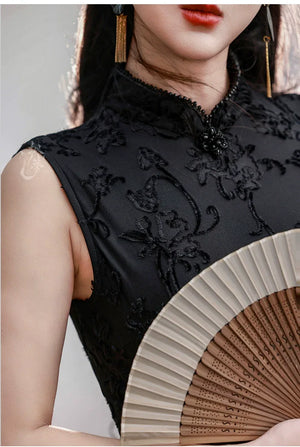 Silent Fragrance – Velvet Beaded Sleeveless Floor-Length Qipao with New Chinese Style Blazer - Yandan_Hanfu