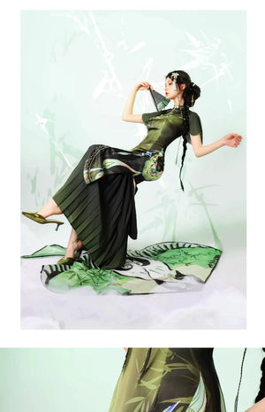 Verdant Sky Qipao – Black-Green Ombre Satin Cheongsam with Artistic Floral Print - Yandan_Hanfu