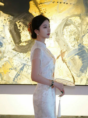 Golden Tang Ode – Luxury Modern Cheongsam | Artisanal Brocade & Couture Detailing - Yandan_Hanfu