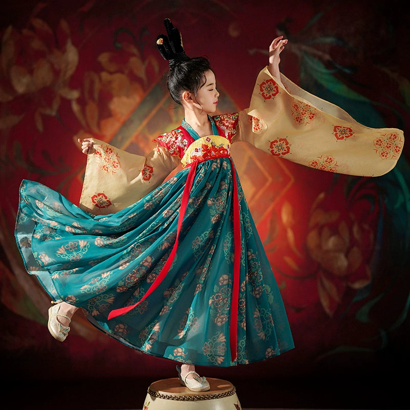 Girls Dunhuang Ancient Hanfu in teal and gold with floral patterns, ideal for spring and autumn traditional performances or festivals.