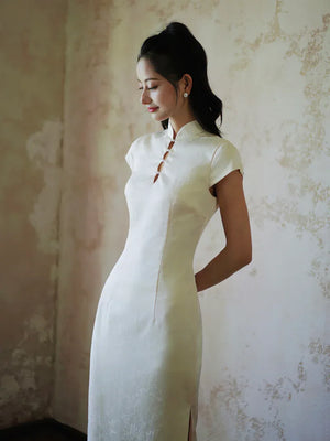 "Xi Zhu" White Dark Pattern Tassel Shawl Cheongsam Bride Wedding Dress Engagement - Yandan_Hanfu