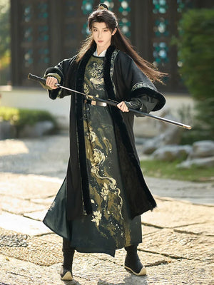 Golden Fish Over the Desert – Tang-Inspired Round Collar Hanfu Coat with Plush Fur Trim (Unisex Winter Set) - Yandan_Hanfu