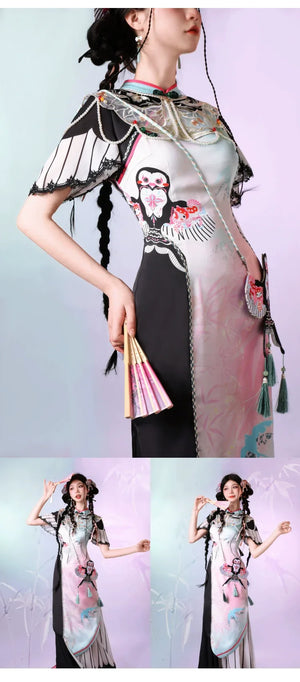 Blush Kite Qipao – Layered Faux Two-Piece Cheongsam in Modern Hanfu Style - Yandan_Hanfu