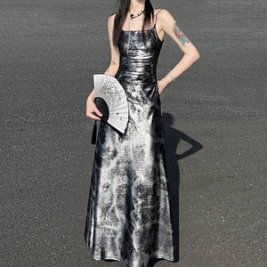 Glossy gray and silver new Chinese atmosphere Spice girl suspender dress Hot silver temperament long dress women - Yandan_Hanfu