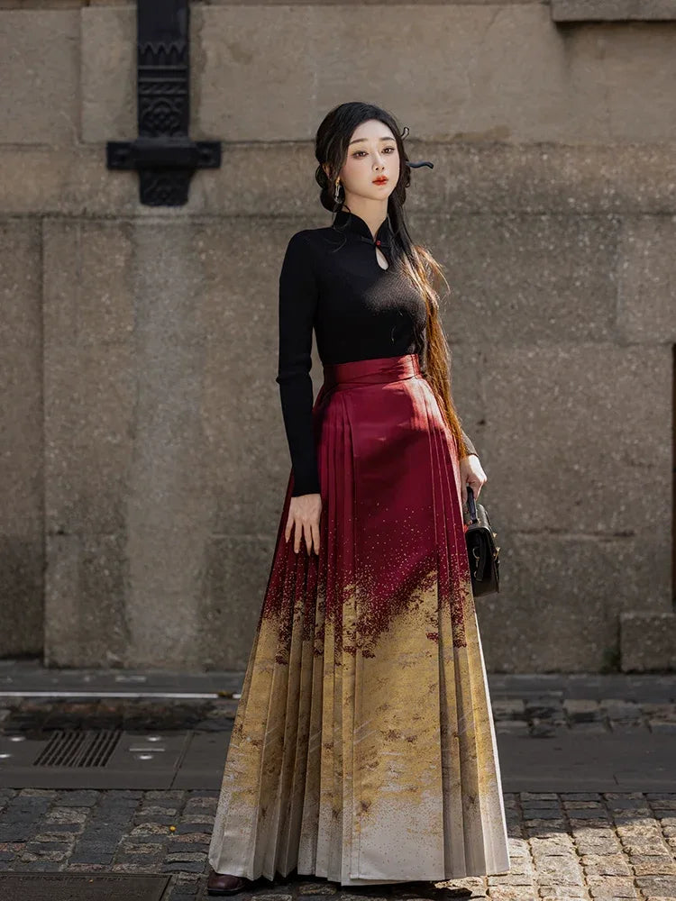 Lunar Spring River – Red Hanfu Maxi Skirt Set, New Chinese Style 6-Meter Hem Mamian Skirt with Knit Top & Wool Coat - Yandan_Hanfu