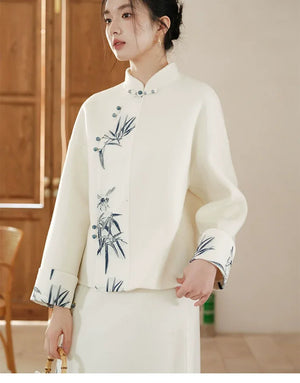 100% Wool Double-Faced Modern Chinese Women's Set – Printed Jacket with Matching Skirt, Minimalist Luxury Style - Yandan_Hanfu