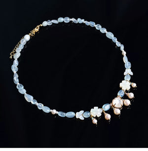 Butterfly Shell & Aquamarine Pearl Necklace – Hanfu Yingluo Accessory with Original Design - Yandan_Hanfu