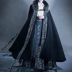 Woolen cloak calligraphy woven silver and black fur collar handsome national trendy man - Yandan_Hanfu