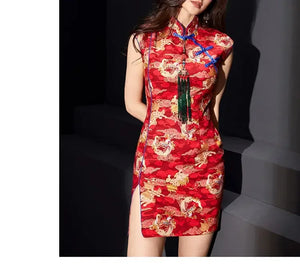 Grandiose contrasting color printed dragon totem cheongsam skirt - Yandan_Hanfu