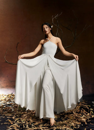 Elegant Solid Halter Maxi Dress – Flowing High-Slit Skirt for Dance & Evening Wear - Yandan_Hanfu