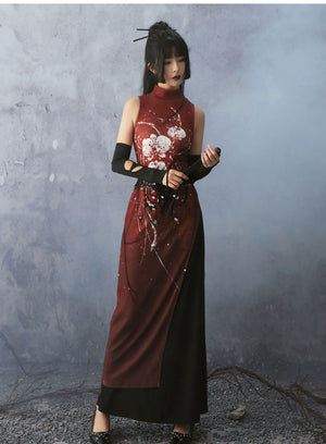 Scarlet Orchid – High-Slit Qipao Dress | Red Mandarin Collar New Chinese Style Slim Fit Gown - Yandan_Hanfu