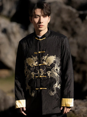 Chinese style dragon pattern embroidery retro Tang suit men's buckle winter cotton-padded jacket - Yandan_Hanfu