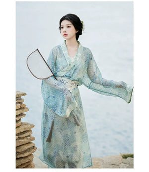 Whisper of Spring – Embroidered Blue Hanfu Dress with Waist Sash | Elegant Straight-Cut Robe in New Chinese Style - Yandan_Hanfu