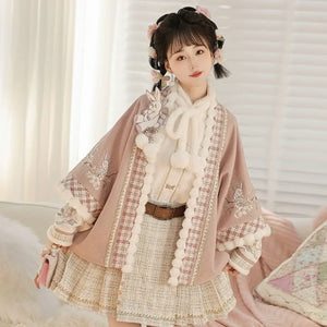 Pink Modern Hanfu-Inspired Outfit – New Chinese Top & Midi Skirt Set for Autumn/Winter - Yandan_Hanfu