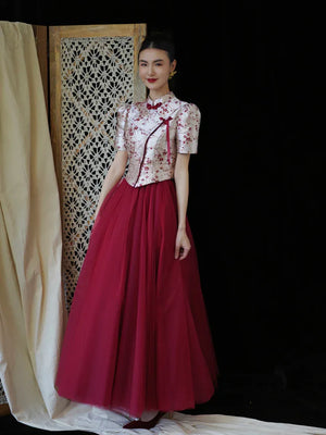 "Mei Xue Gauze Dress Set" Bridal Red Engagement Dress Cheongsam Xiuhe Dress - Yandan_Hanfu