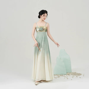 Walking Through Green Hills – Tang-Inspired Hanfu Dress Set with Camisole Gown and Overlap Blouse - Yandan_Hanfu