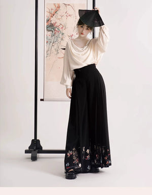 Whispers of Bloom – Floral Crane Set with Horse-Face Pants | Han-Inspired Spring-Autumn Wear - Yandan_Hanfu