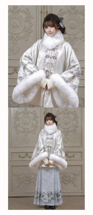 “Snowlit Clouds” – Winter Ming-Style Hanfu Set | Fur-Lined Cross-Front Jacket & Ma Mian Skirt - Yandan_Hanfu