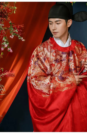 Ming-Dynasty wedding clothes round neck robe men's stand-up collar large-sleeved jacket Xiacheng horse face skirt women's Hanfu - Yandan_Hanfu