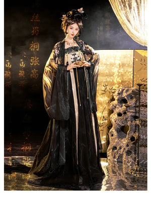 Black&Gold Tang-Style Hanfu Couple Set – Traditional Chinese Outfit with Wide-Sleeve Robe & Printed Hezi Skirt - Yandan_Hanfu