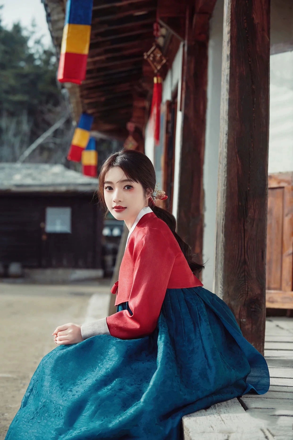 Elegant Korean Hanbok Wedding Dress in red and blue, suitable for daily traditional wear and national stage dance events.