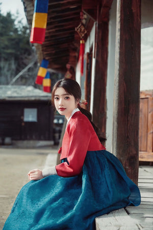 Elegant Korean Hanbok Wedding Dress in red and blue, suitable for daily traditional wear and national stage dance events.